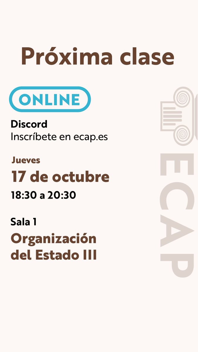 ¡Jueves de #Opositar!✍️

Hoy tenemos clase en modalidad online:

- Organización del Estado III

Síguela a través de discord inscribiéndote en ecap.es 

Recuerda que somos una #academia de preparación de #oposiciones abierta y gratuita 🫡🔄