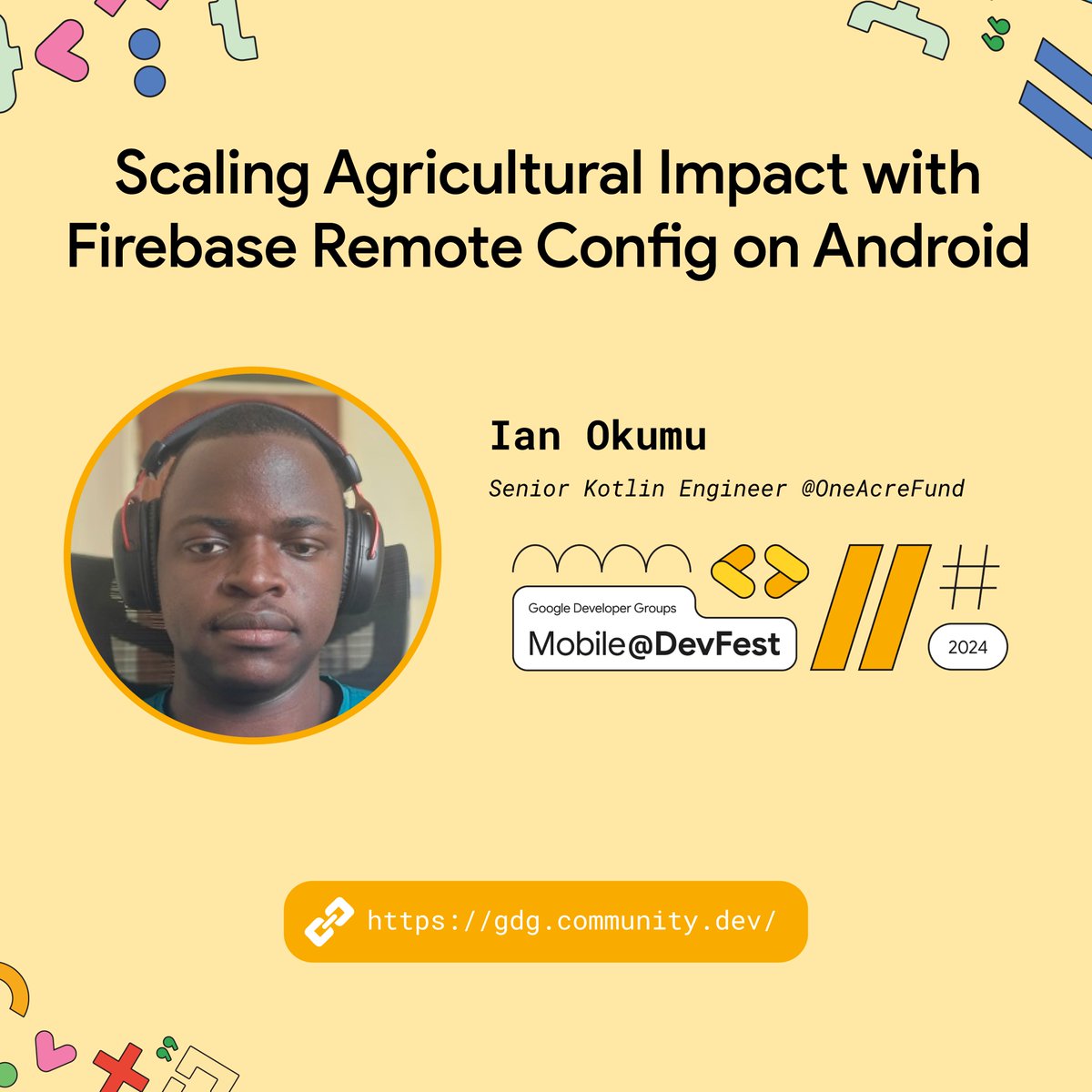 🎉 Kicking off our Pre-DevFest Virtual Event! 🎉

Join <a href="/otsembo_/">Ian Okumu</a> , Senior Kotlin Engineer at One Acre Fund, as he shares his expertise on "Scaling Agricultural Impact with Firebase Remote Config on Android." 🌱🚀
Register here gdg.community.dev/gdg-nairobi

#DevFest2024 #DevFest