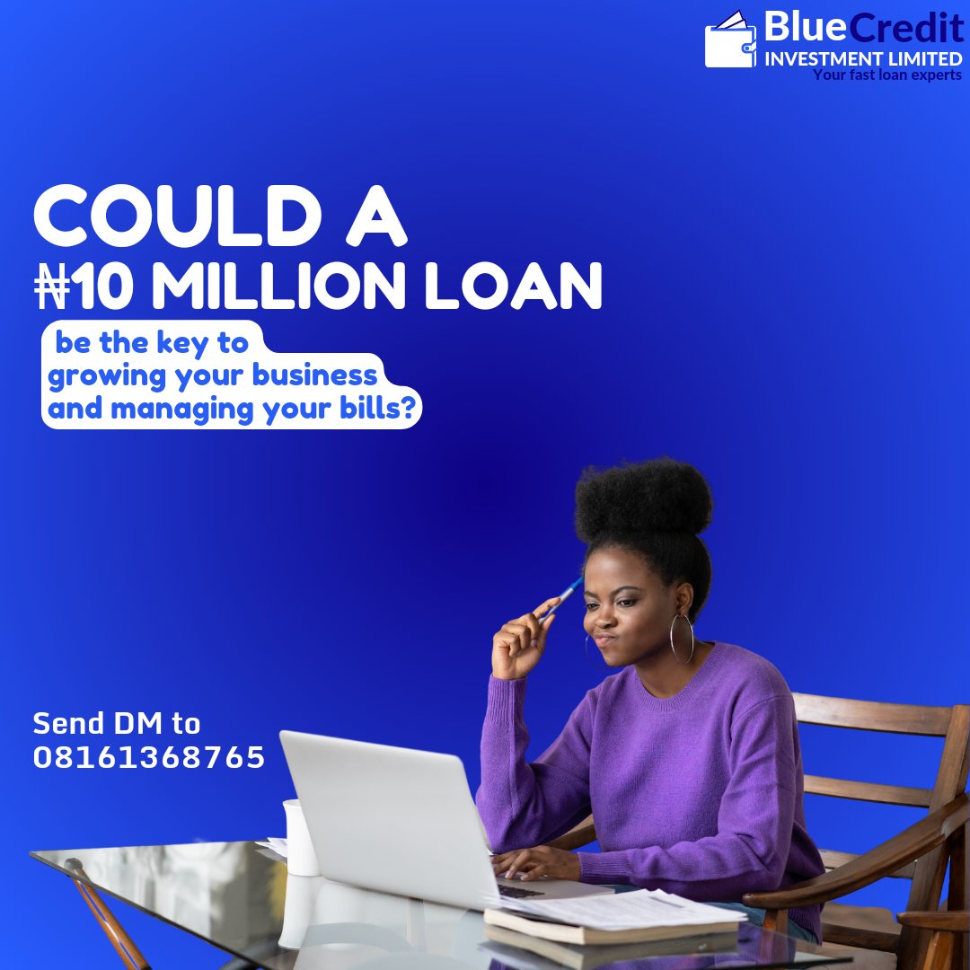 Think about the potential benefits of ₦10 million for your company and financial stability.

#Bluecreditng #LoanForGrowth #BusinessExpansion #FinancialManagement