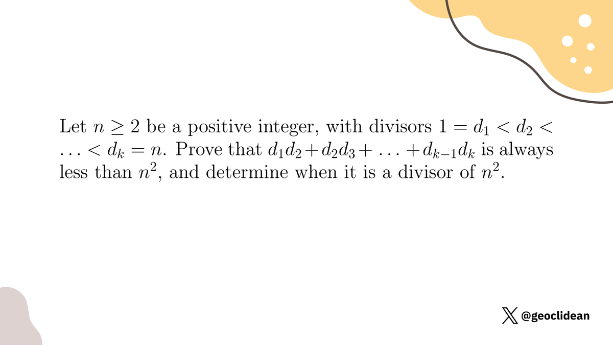 geoclidean's tweet photo. IMO ShortList 2002, number theory problem 2
#Inequalities #NumberTheory #Divisors #IMO #IMO2002 #IMOShortlist https://t.co/n56dYNfW1o