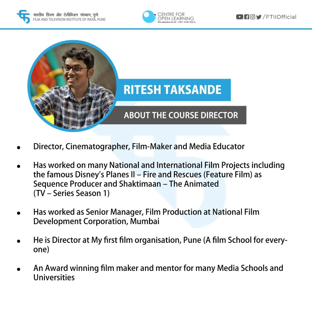 FTIIOfficial's tweet photo. FTII announces ‘Basic Course in Digital Filmmaking for Children' under the Centre for Open Learning.
The offline course aims at teaching what goes behind making a film covering elements of Pre-Production, Camera Exercise, Film Production, Editing.
(1/2)
#DigitalFilmMaking https://t.co/E8oRUBvmVn