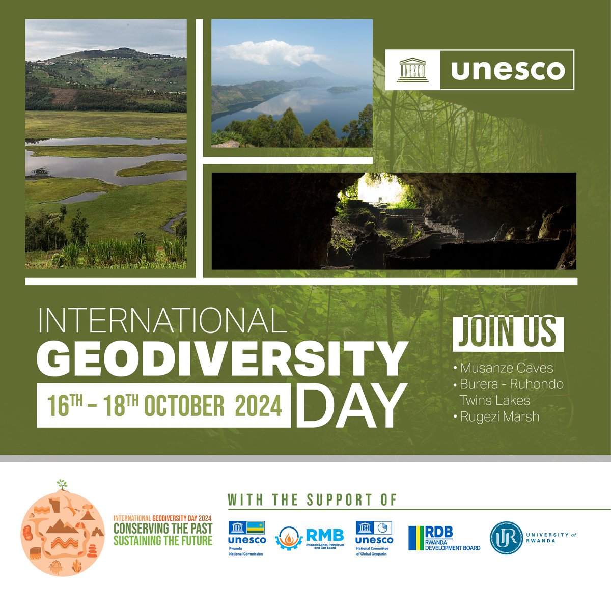 UNESCO_rwanda's tweet photo. Celebrating @GeodiversityDay
On 16-18 October Rwanda UNESCO Geopark members @unescoEARTH are proud to celebrate the International Geodiversity Day with an exciting fied trip to geological sites — Musanze Caves, Burera &amp; Ruhondo Twin lakes, and Rugezi Marsh. https://t.co/4KRL2BUZEv