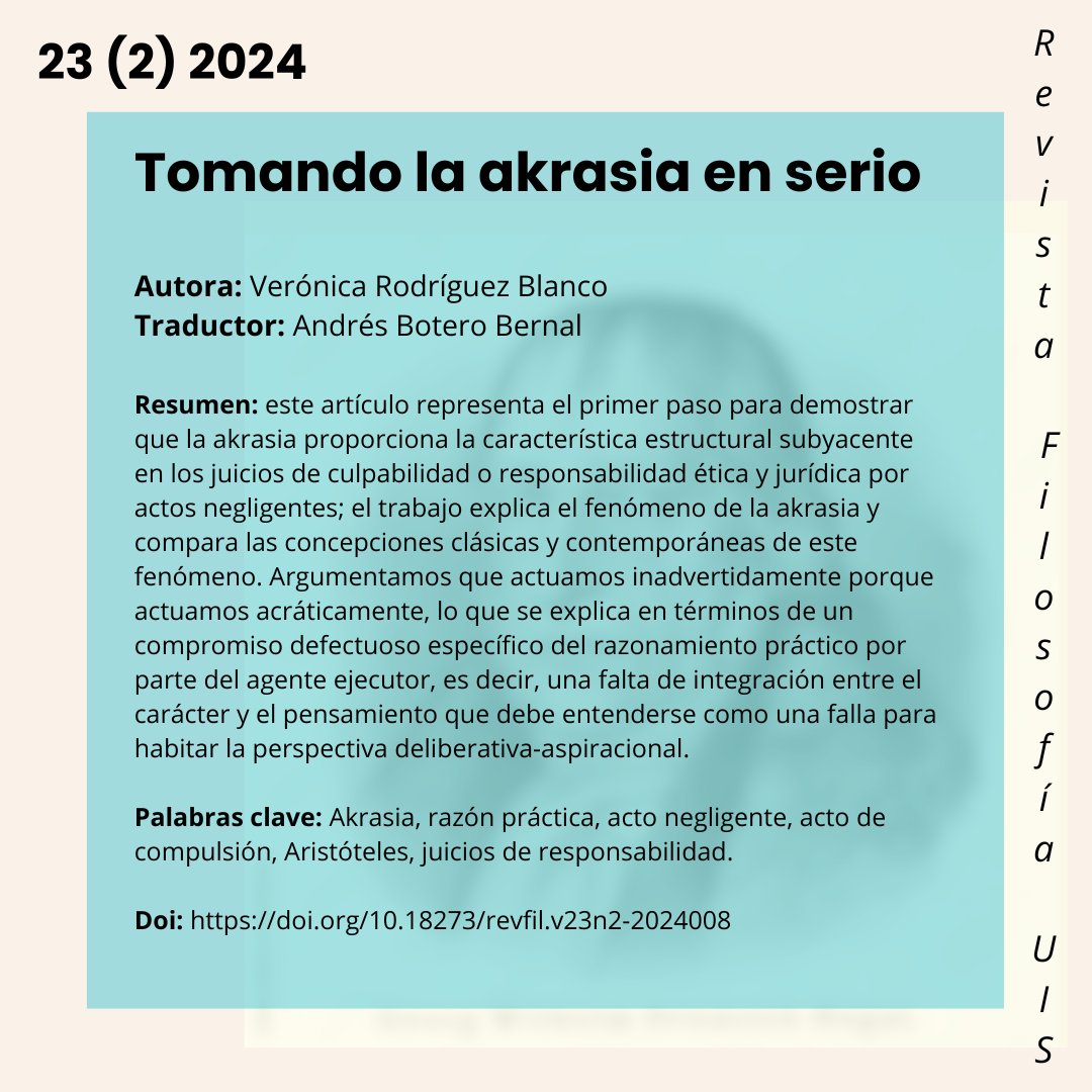 RevFilosofiaUIS's tweet photo. Nuestro último artículo "Tomando la akrasia en serio" en la Revista Filosofía UIS . Te invitamos a leerlo y compartir tus comentarios: https://t.co/a8fNNh6spX https://t.co/J7m0igoTd0