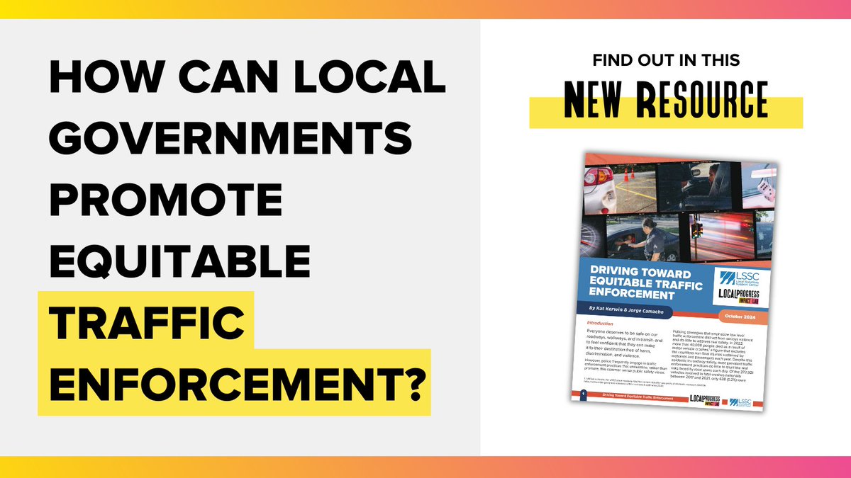 Local Progress (@localprogress) on Twitter photo Today, Local Progress & <a href="/The_LSSC/">The_LSSC</a> are proud to roll out our new resource, "Driving Toward Equitable Traffic Enforcement," to provide localities with a roadmap to turn driving equity into policy.
Check out this resource with examples & innovative ideas👇
supportdemocracy.org/drivingequity Today, Local Progress & <a href="/The_LSSC/">The_LSSC</a> are proud to roll out our new resource, "Driving Toward Equitable Traffic Enforcement," to provide localities with a roadmap to turn driving equity into policy.
Check out this resource with examples & innovative ideas👇
supportdemocracy.org/drivingequity