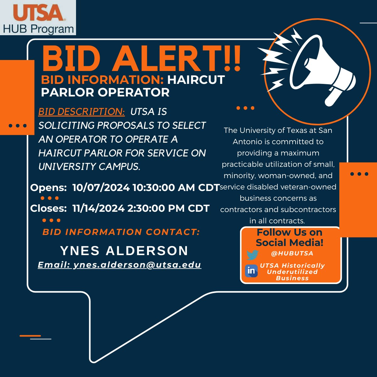 UTSA IS soliciting proposals to select an operator to operate a haircut parlor for service on University Campus.
