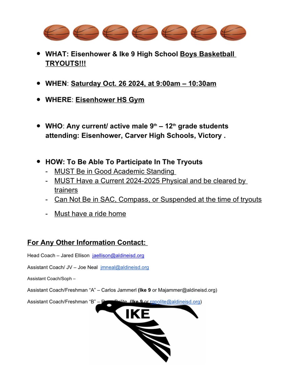 Tryouts will be held on Saturday October 26th at Eisenhower from 9-10:30am.