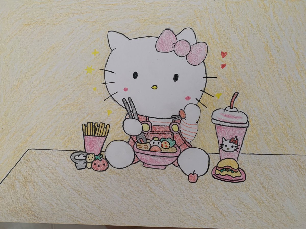 nika_drawing_'s tweet photo. Hello Kitty having its meal~ 
#drawing #cartoon
Done on #15October2024

Done By : #ahkneecar https://t.co/V91aEGPNbR