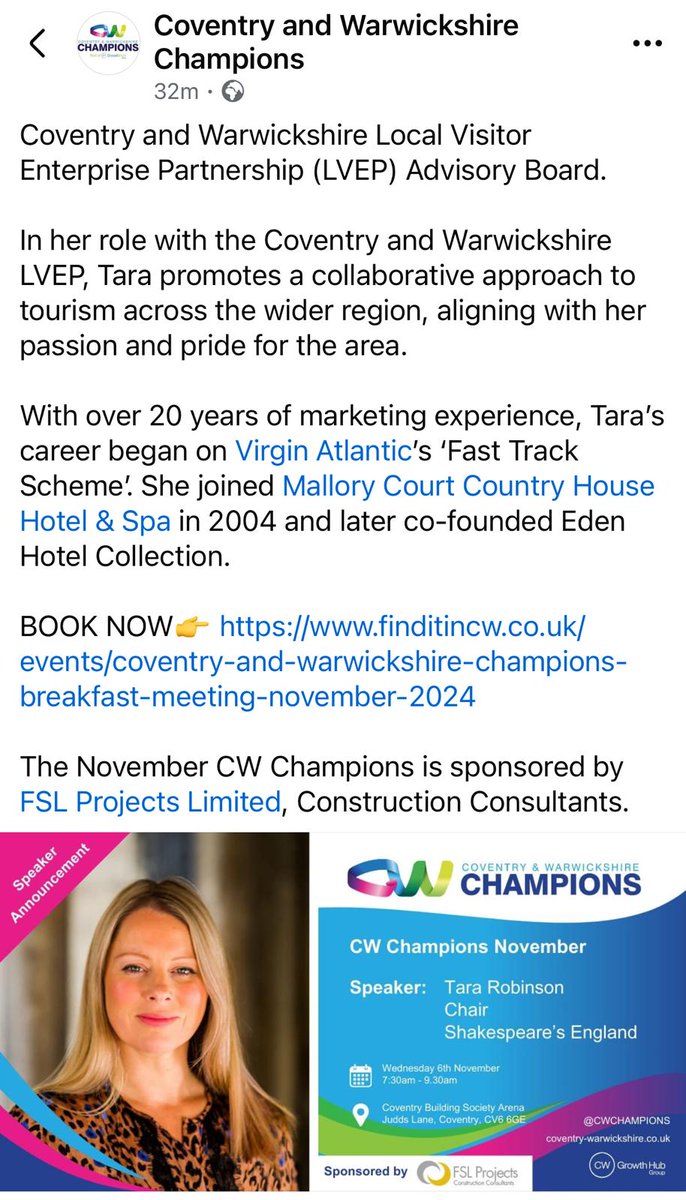 FSLProjects's tweet image. FSL are excited to be a sponsor for the upcoming CW Champions event on November 6th, featuring Tara Robinson, Chair of Shakespeare’s England. As Construction Consultants, we’re passionate about helping our clients realise their visions.