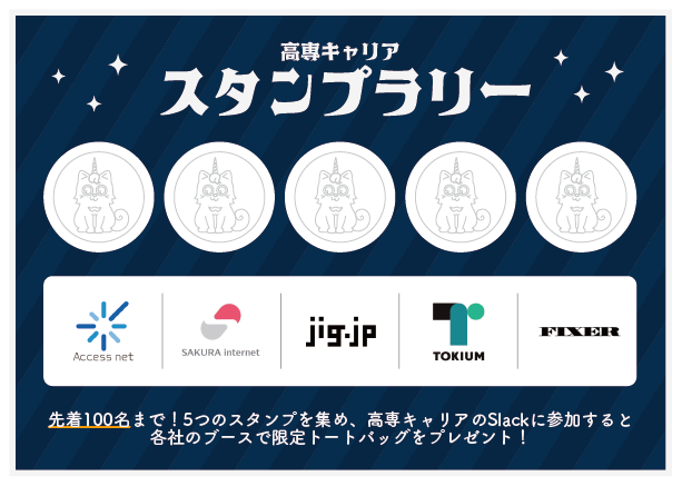 kosen_career's tweet photo. プロコン内でサイドイベント、開催します!
/
高専キャリア スタンプラリー 開催決定!
\
高専キャリアのパートナーであり、プロコンのスポンサー企業の5社と連携したスタンプラリーを開催します!
#アクセスネット
#さくらインターネット
#jigintern
#TOKIUM
#FIXER
#高専キャリア #procon35 https://t.co/Lbid5sDe2v