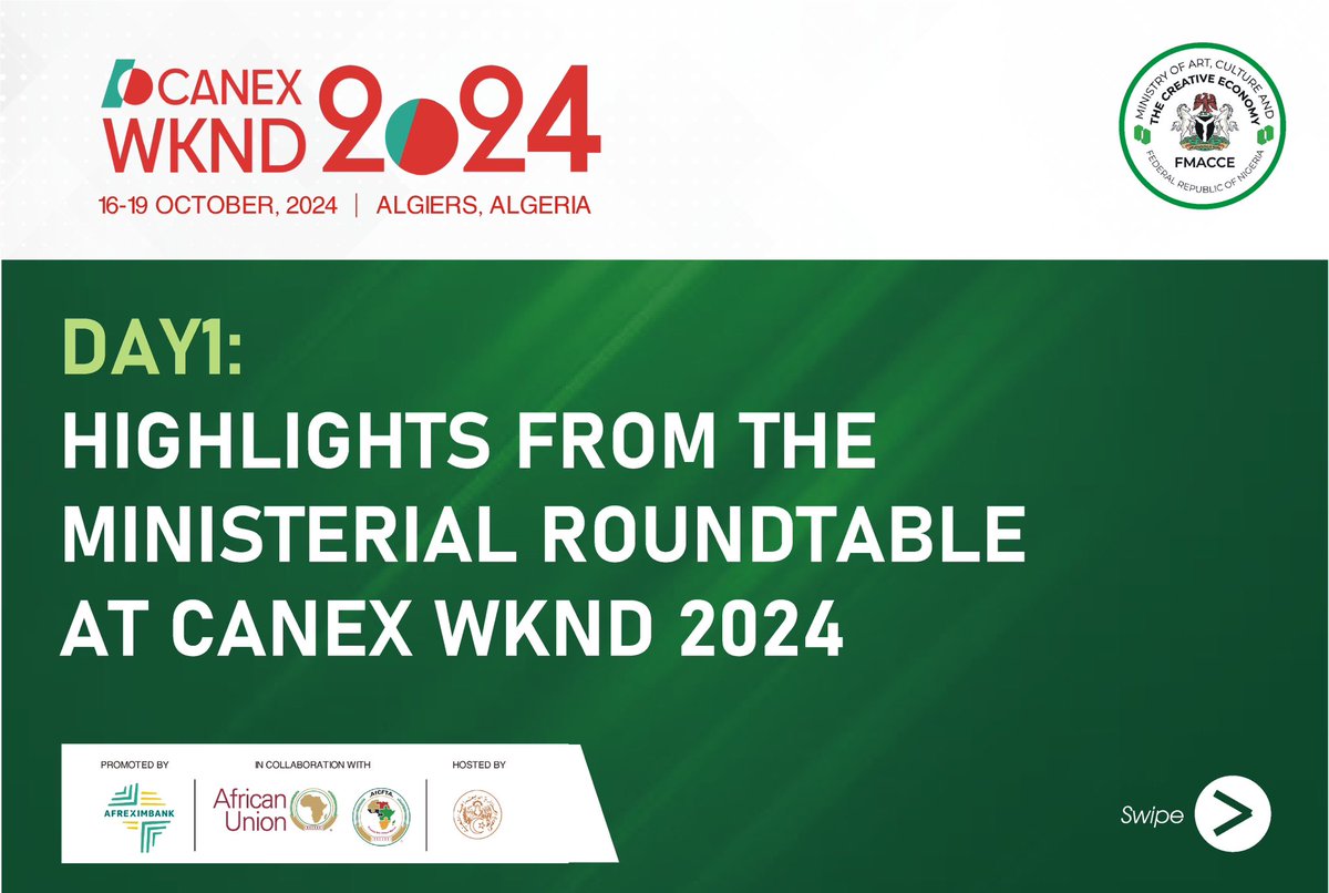 Fmactce_Nigeria's tweet photo. Highlights from the Ministerial Roundtable at CANEX WKND 2024 with the Honourable Minister of Art, Culture and the Creative Economy.
Together with leaders from across the continent, we’re paving the way for a brighter, more dynamic creative future!
#FMACCE #CANEXWKND2024 https://t.co/ntydB1XeiK
