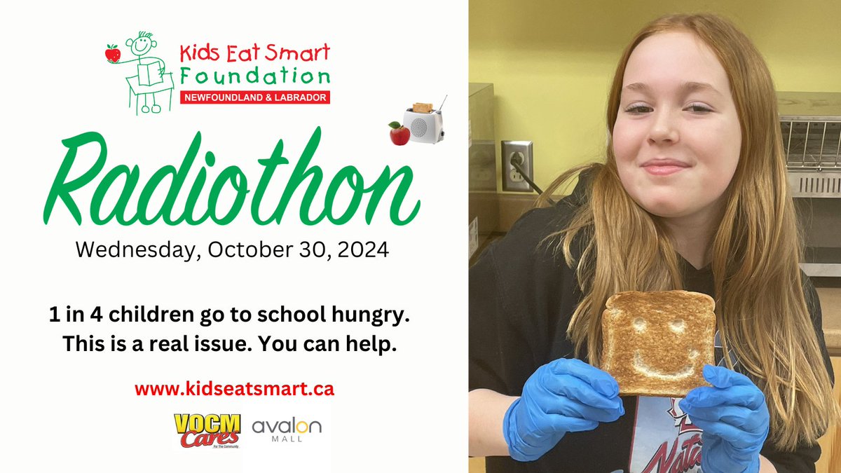 In our province, 1 in 4 children go to school hungry. This is a real issue. You can help during our Radiothon on Wednesday, October 30, 2024 1-5 p.m. 

Donate now at kidseatsmart.ca or 709.722.1996.

 #EveryDollarCounts #YouCanHelp

<a href="/590VOCM/">YOUR VOCM</a> <a href="/VOCMCares/">VOCM Cares Foundation</a> <a href="/RadioGregSmith/">Greg Smith</a>