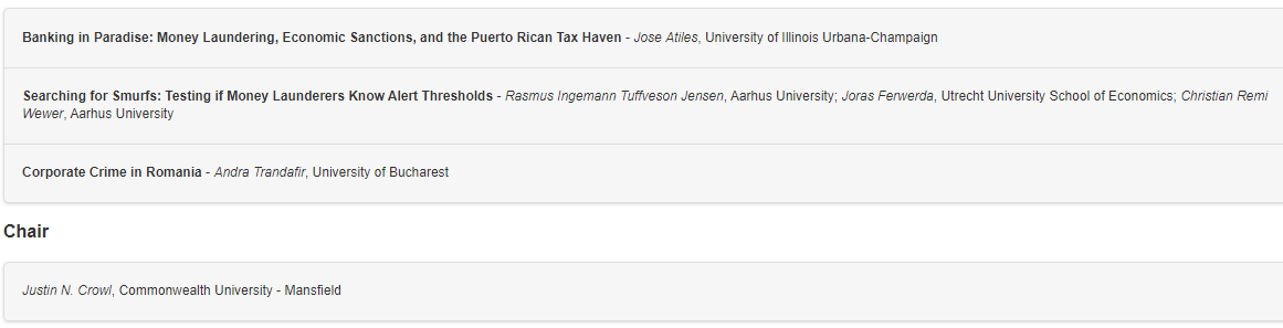 Today's Featured Conference Session is “Money Laundering and Fraud Around the World,” Friday, November 15, 11:00am to 12:20pm, Sierra H - 5th Level
Join us <a href="/ASCRM41/">Amer Soc of Crim</a> in San Francisco for these great presenters. #ASCriminology2024 #ASCSanFran24