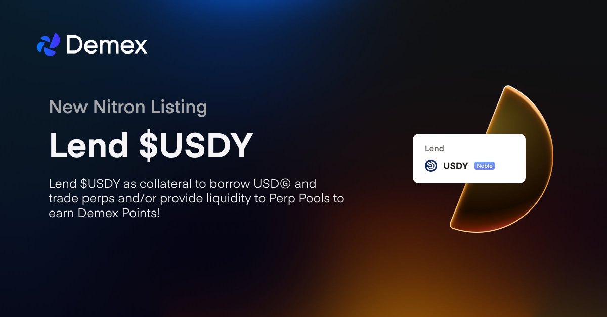 demexchange's tweet image. $USDY powered by @OndoFinance is now live on Nitron via @noble_xyz, making us the first money market on Cosmos to list it as collateral!

Get $USDY on @osmosiszone → app.osmosis.zone/assets/USDY

Lend $USDY on Nitron ⚛️ → app.dem.exchange/nitron/lend/us…

Find out about $USDY below↓