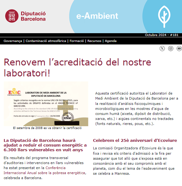 AccioClimaDIBA's tweet photo. 📢🆕 butlletí #eAmbient❗️
Ja tens al correu el número 1⃣8⃣1⃣ amb les nostres notícies més destacades: la renovació de l'acreditació del Laboratori de #MediAmbient, el programa transversal de #PobresaEnergètica de la @diba i #Ecoviure2024 que inaugurem👇
https://t.co/a5u1LDpIdC https://t.co/4tONLrl4fX