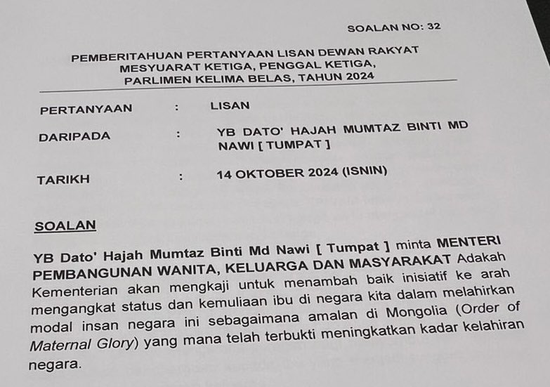 officialmumtaz's tweet photo. SOALAN &amp; JAWAPAN PERTANYAAN LISAN DEWAN RAKYAT MESYUARAT KETIGA, PENGGAL KETIGA, PARLIMEN KE-15 TAHUN 2024 https://t.co/kUsRwtpytc