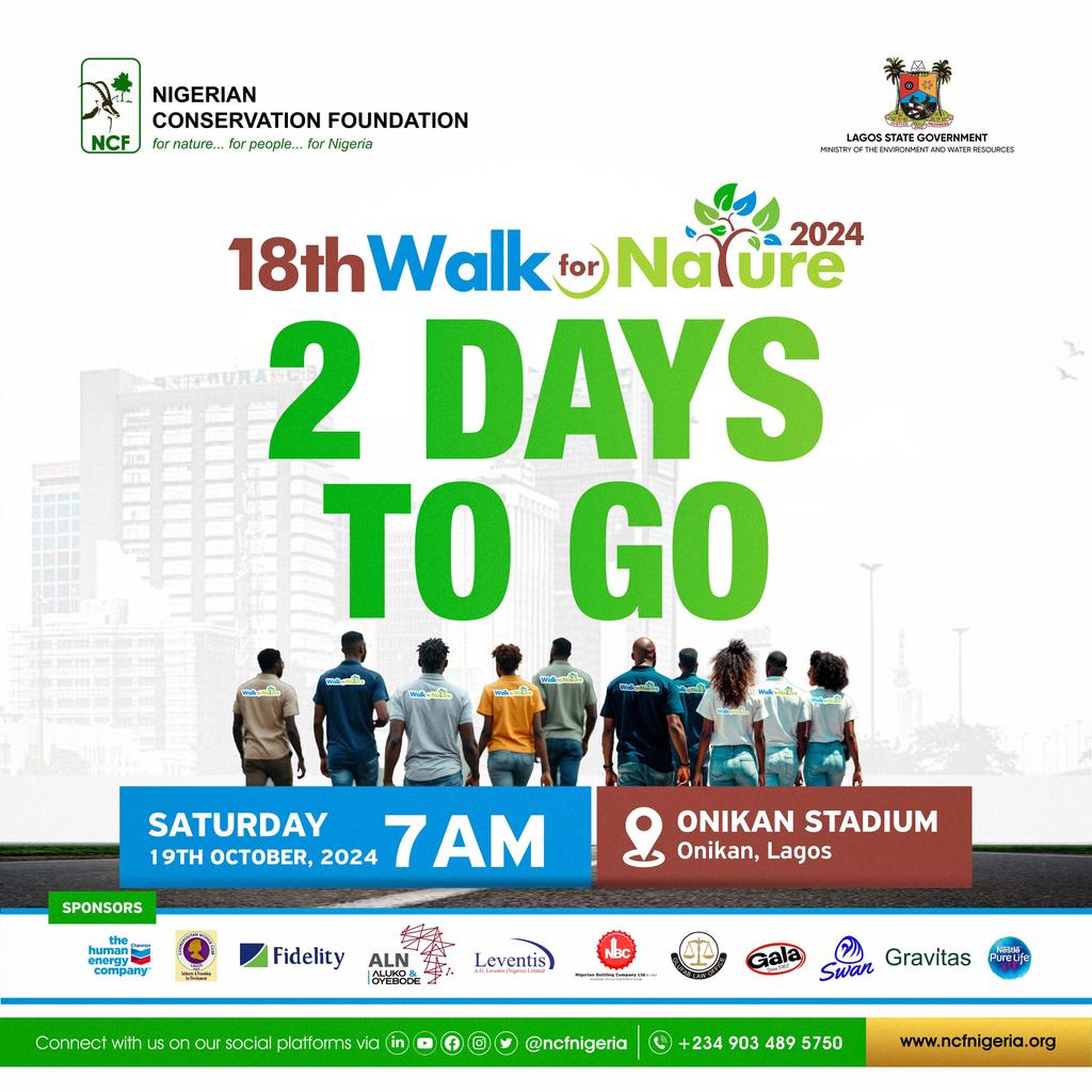 ncfnigeria's tweet photo. It's 2 days to #WalkForNature2024, and we can not keep calm!
Join us as we walk to show our support for a healthier and sustainable future.
Don't forget the date: Saturday 19th October 2024.
Time: 7:00 am
#NCF #WalkforNature https://t.co/4bMkC6fl5g