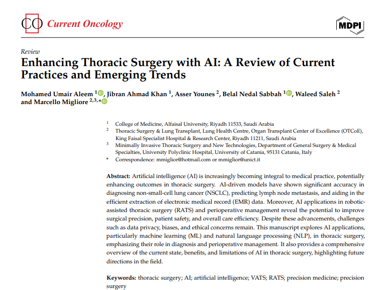 UmairAleem_'s tweet photo. Alhamdulillah! ♥️

Extremely delighted share our recent publication and my first ever "Aleem M.U. et al" in Current Oncology @MDPIOpenAccess. We explore AI's evolving role in thoracic surgery, enhancing diagnostics, reducing invasive tests, and integrating with robotic surgeries. https://t.co/HTExUua27v