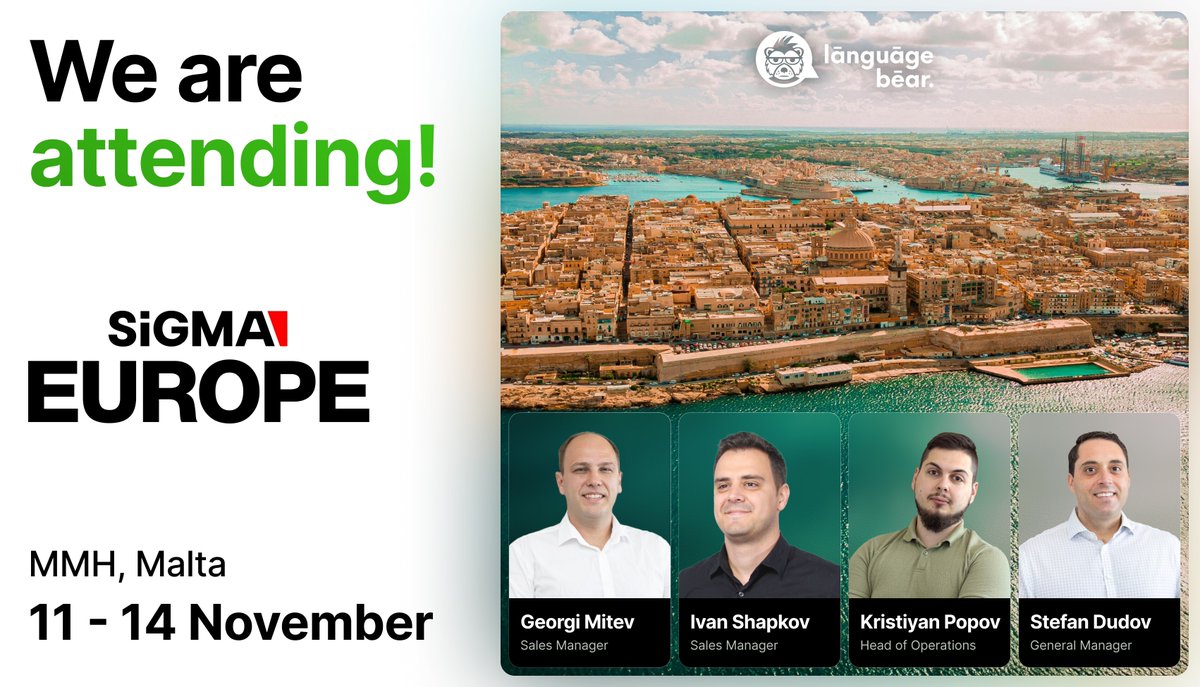 languagebearcom's tweet image. It’s been an exciting year at Language Bear so far, and now we have our sights set on SiGMA Europe! We’d love to connect and discuss how we can take your iGaming content and translations to the next level. Book your meeting here: bit.ly/4f42I1m

#SiGMAEurope #MaltaWeek
