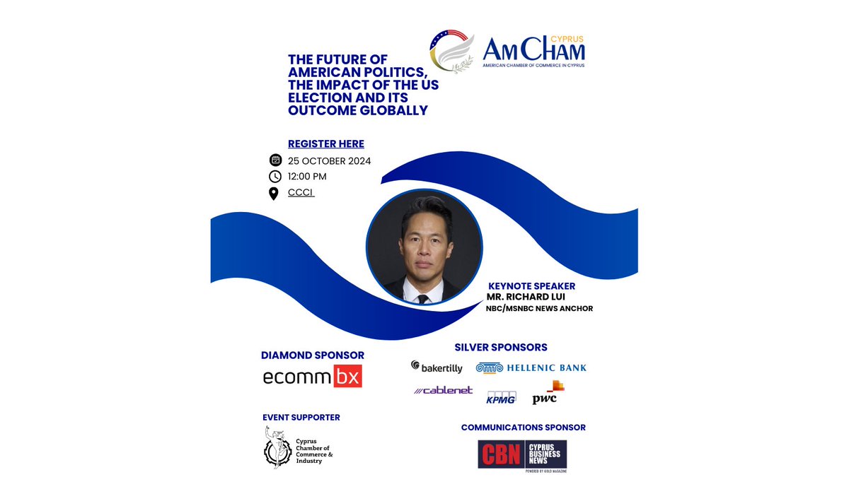 AmChamCy's tweet photo. Join us for an insightful discussion with @RichardLui
on the upcoming US Election. @USEmbassyCyprus @CCCI_Cyprus
Register Here: https://t.co/DH3WRWKu4a https://t.co/Pohe109tm0