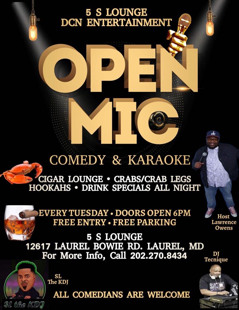 MissNickiEvents's tweet photo. 💥DCN Entertainment💥
‼️OPEN MIC COMEDY &amp; KARAOKE‼️
🗣YO.. CRABS, CIGARS, HOOKAHS WITH KARAOKE, COMEDY &amp; DRINK SPECIALS EVERY TUESDAY🔄 Hosted by Lawrence Owens🎙 with Music Vibes by DJ Tecnique🎧 | ➡️FREE ENTRY &amp; FREE PARKING⬅️  
5S LOUNGE | 12617 Laurel Bowie Rd, Laurel, MD https://t.co/ZqmKRPx75q