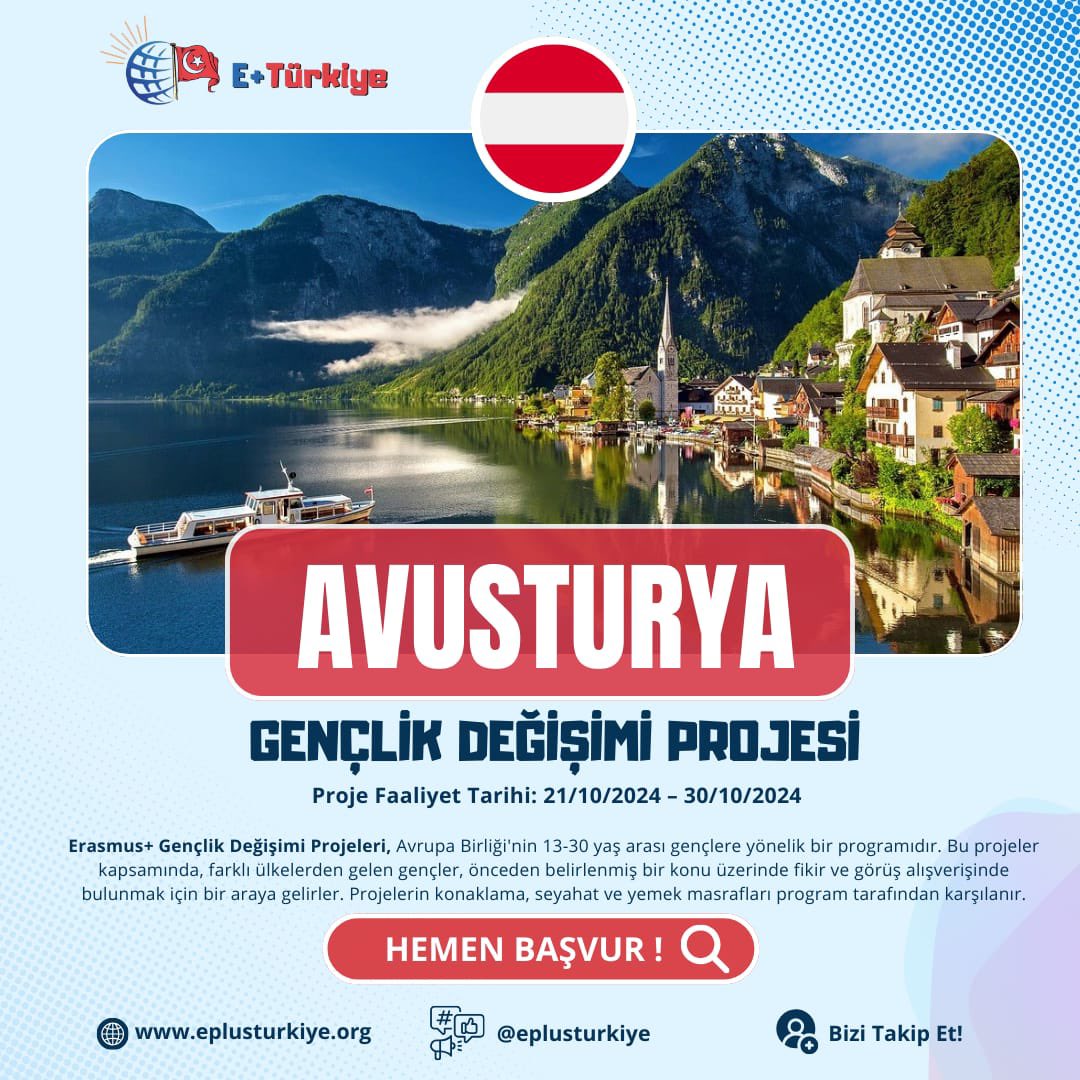 🇦🇹Avusturya Gençlik Değişimi Projesi

📍 Proje Yeri: Tauchen, Avusturya
 
📅 Proje Faaliyet Tarihi: 21/10/2024 – 30/10/2024

🗓️ Son Başvuru Tarihi: Belirtilmemiştir. 

eplusturkiye.org/proje/avustury…