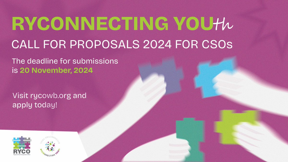 📢The window to fund great ideas impacting youth is now open! The 2024 Call for Proposals for CSOs has just launched. RYCO invites all CSOs working in the youth sector to submit their applications by November 20, 2024 ❗️

For more details 🔗 shorturl.at/TabvE