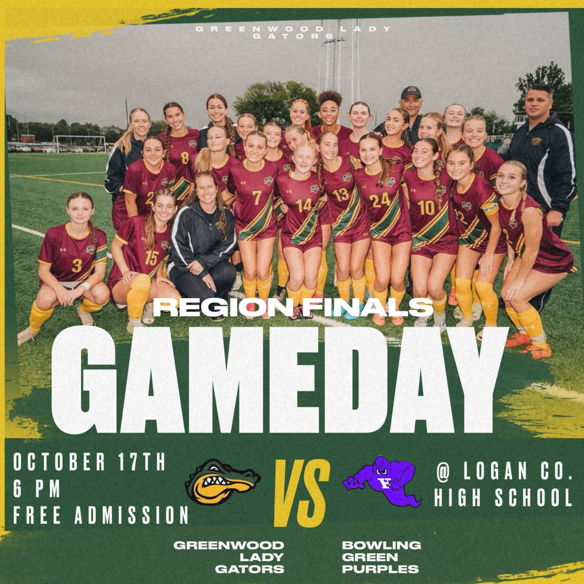 Regional Finals Game Day  10/17/2024 
It’s time to Win or Go home for Both Teams 
Let’s me just tell you it’s gone be a battle 
Come on out and Support your Greenwood Lady Gators 
Let’s Go Lady Gators 
GoooooWooood