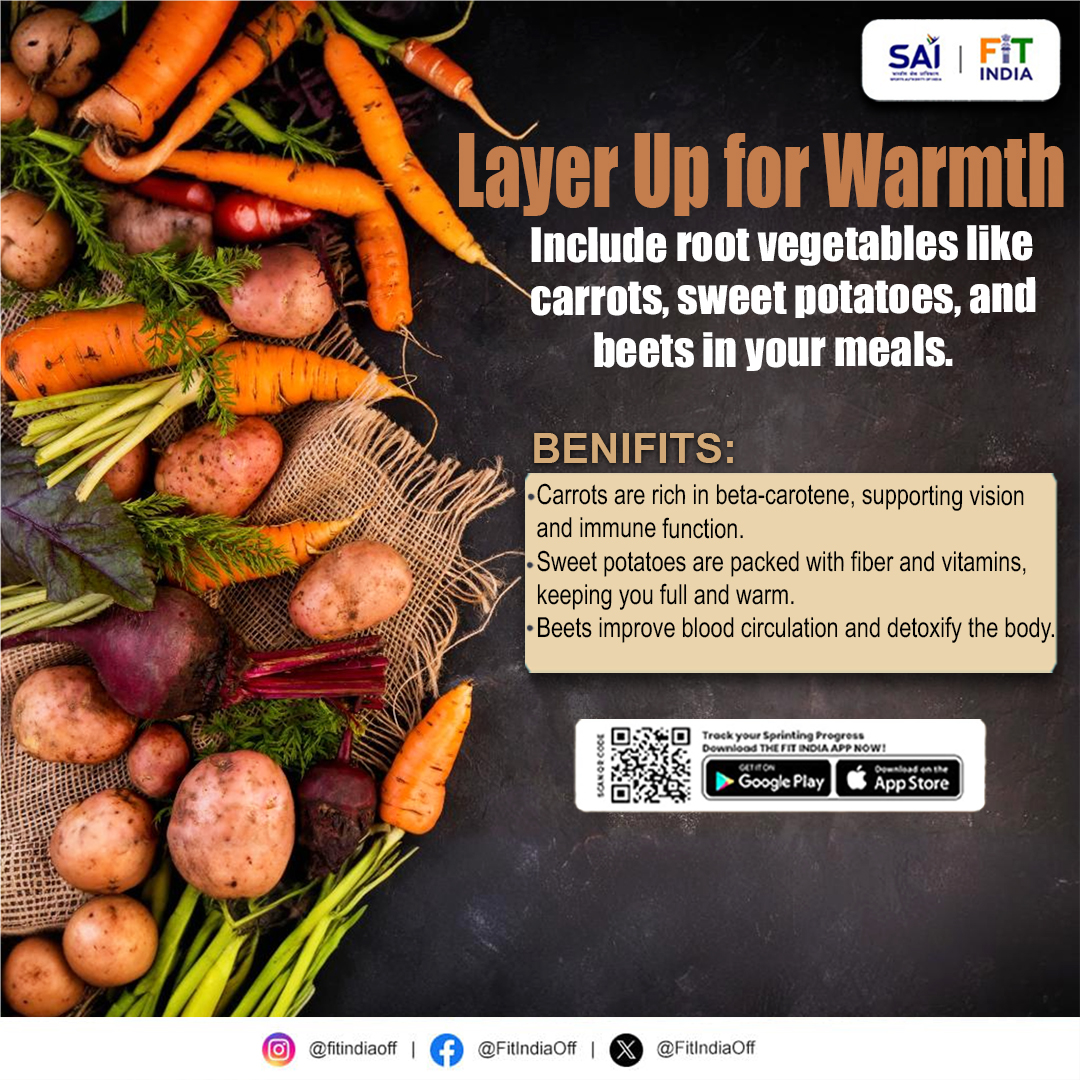 FitIndiaOff's tweet image. Dress in layers to stay warm! Don’t forget to include root veggies like carrots and sweet potatoes in your diet for an extra health boost.

For more personalized fitness tips and routines, download the Fit India Mobile App today!

#WinterWarmth #RootVegetables #StayHealthy