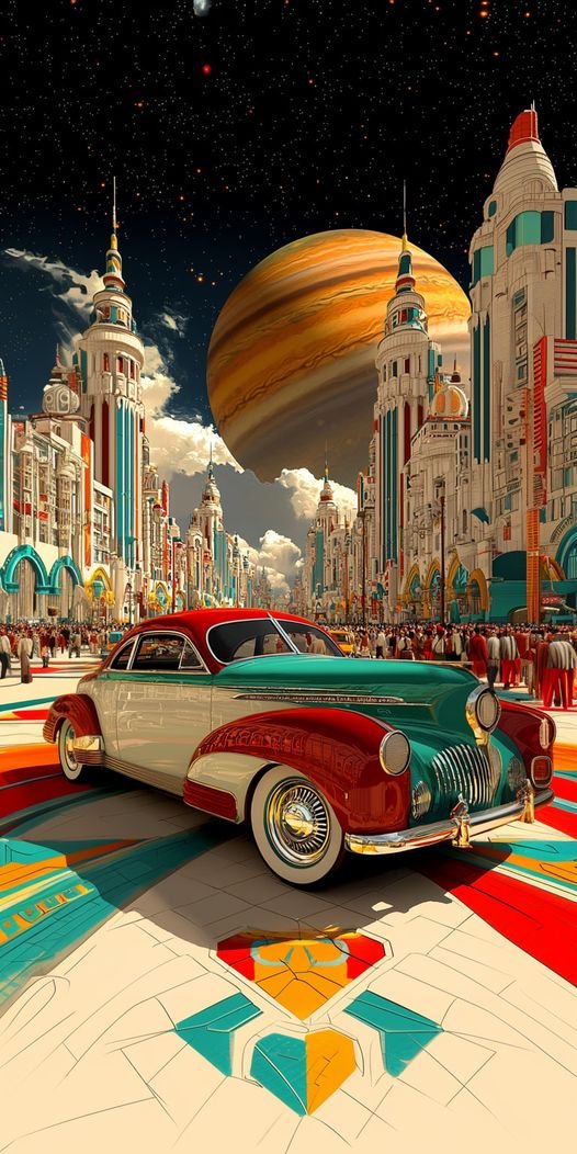 Make_u2_happy's tweet photo. 🎨1940s vector art style book cover featuring a classic car captured in a high-definition photorealistic style isolated on, an illustrated background 3D illustration of a Futuristic retro cityscape illustration, vibrant high-contrast achromatic colours, tower Art Deco structures, https://t.co/sYHhyBQhk5