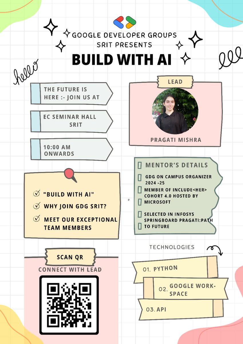 SritGdg's tweet photo. Build with AI at SRIT 🎓
Learn AI, Gemini API, and Prompt Engineering from the best! 💡

📍 EC Seminar Hall, SRIT | 🕙 10:00 AM
Don't miss this chance to connect with top industry mentors! 

Link for registration:-
https://t.co/YmOsrvbMUG🔗

 #AI #GDG #BuildWithAI #Python https://t.co/NVjLk6juRq