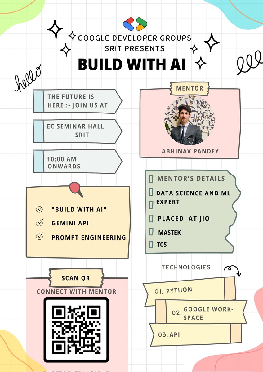 SritGdg's tweet photo. Build with AI at SRIT 🎓
Learn AI, Gemini API, and Prompt Engineering from the best! 💡

📍 EC Seminar Hall, SRIT | 🕙 10:00 AM
Don't miss this chance to connect with top industry mentors! 

Link for registration:-
https://t.co/YmOsrvbMUG🔗

 #AI #GDG #BuildWithAI #Python https://t.co/NVjLk6juRq