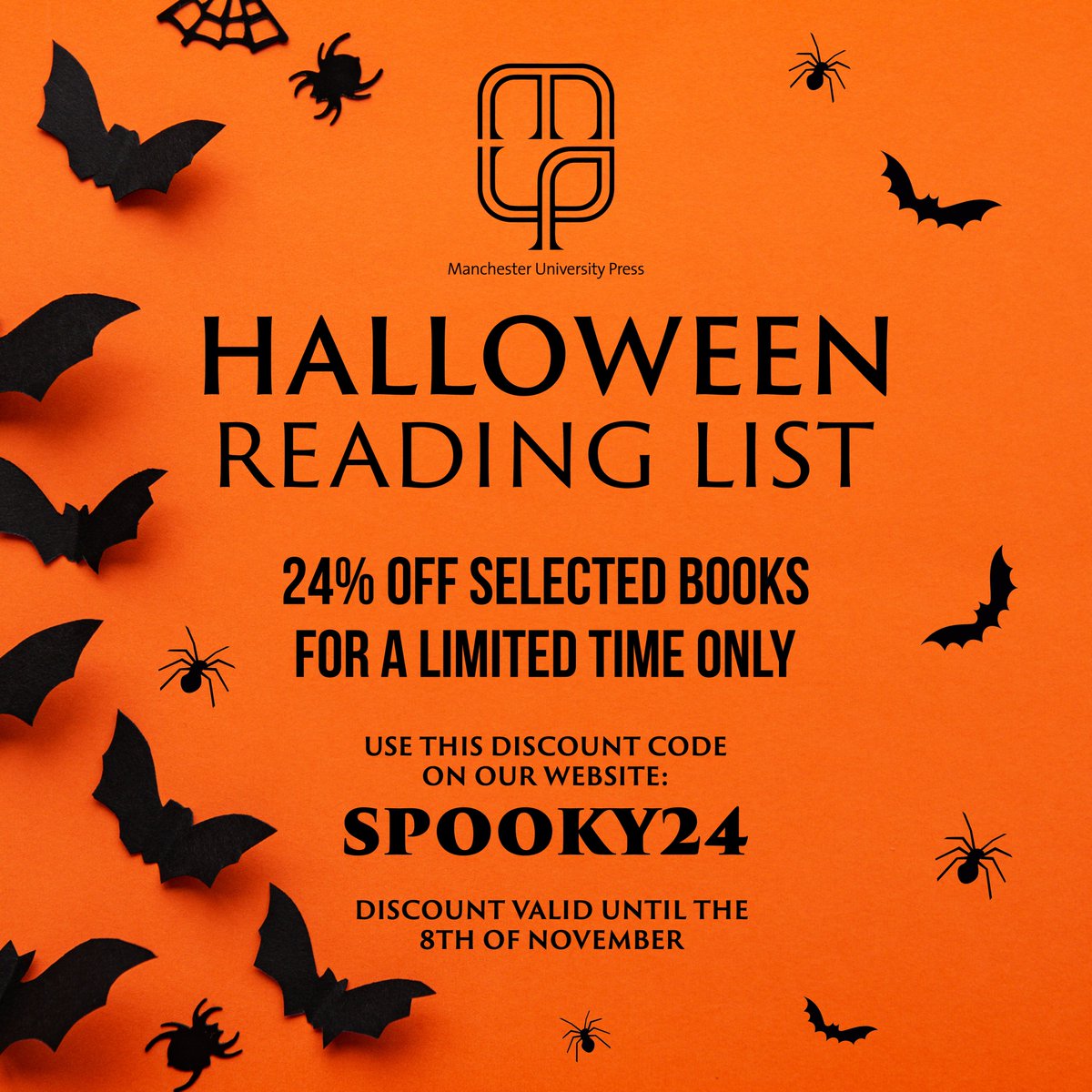 On our #halloween2024 reading list, you'll find new and bestselling titles. Whether you’re drawn to promethean horror, supernatural creatures, gothic gardens, or unseen presences, there’s something here for every reader.
Discount valid until 8th Nov: manchesteruniversitypress.co.uk/blog/2024/10/1…