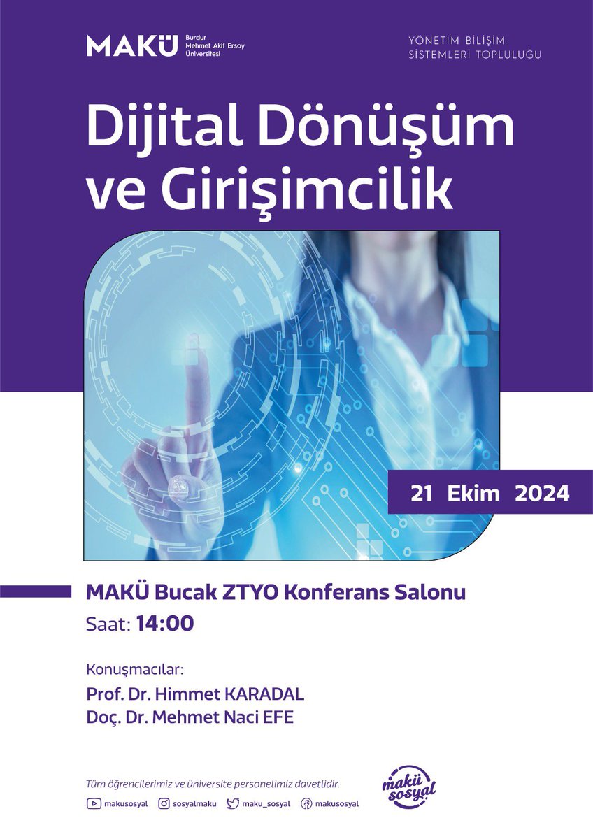 Prof.Dr. Sayın Himmet KARADAL ve Doç.Dr. Sayın Mehmet Naci EFE “Dijital Dönüşüm ve Girişimcilik” konulu konferans ile 
🗓️21 Ekim 2024 Pazartesi Günü
⏰ 14.00
📍Bucak Zeliha Tolunay UTİYO Konferans Salonu’nda
bizlerle birlikte olacak. Konferansımıza tüm öğrencilerimiz davetlidir.