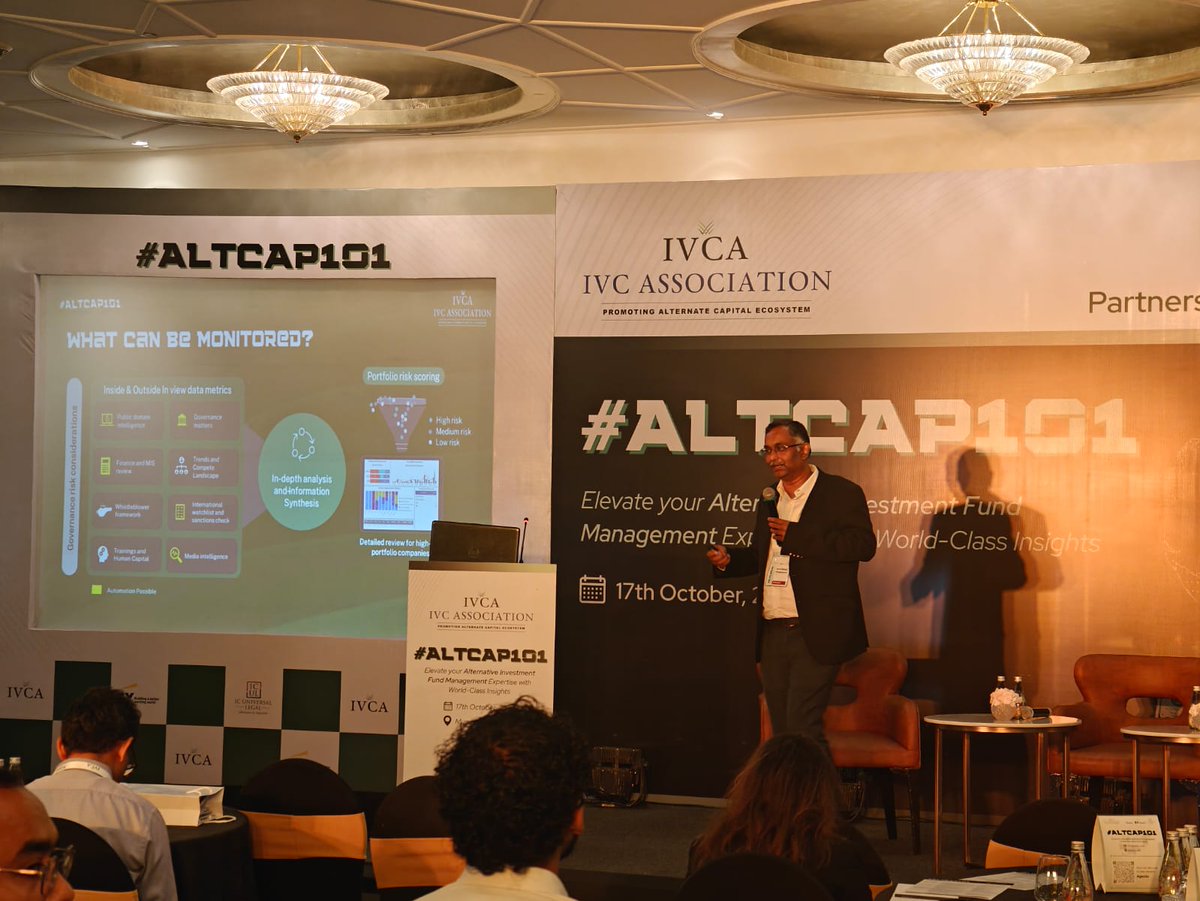 IndianVCA's tweet photo. Next up at the #AltCap101!

@aarunbalaji16, Partner, @EY_India presents insights on post-investment portfolio monitoring at #AltCap101 by IVCA. https://t.co/a3czV0Rjpl