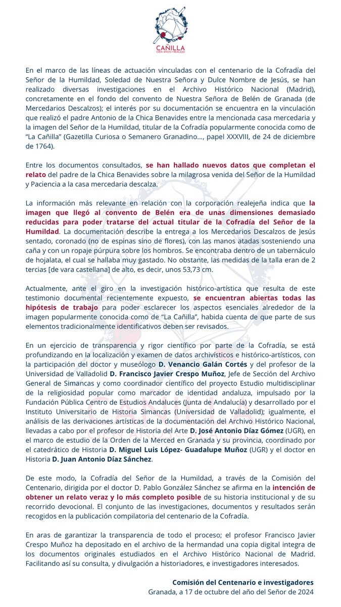 HumildadGranada's tweet photo. AVANCE DE #INVESTIGACIÓN 📜| En el marco del I Centenario. Durante la documentación histórica del Señor de la Humildad, han sido localizados documentos #inéditos que completan el relato de 1764, hasta ahora conocido.

Se quiere dar a conocer la siguiente información.

#LaCañilla https://t.co/NJQxFUn3ur
