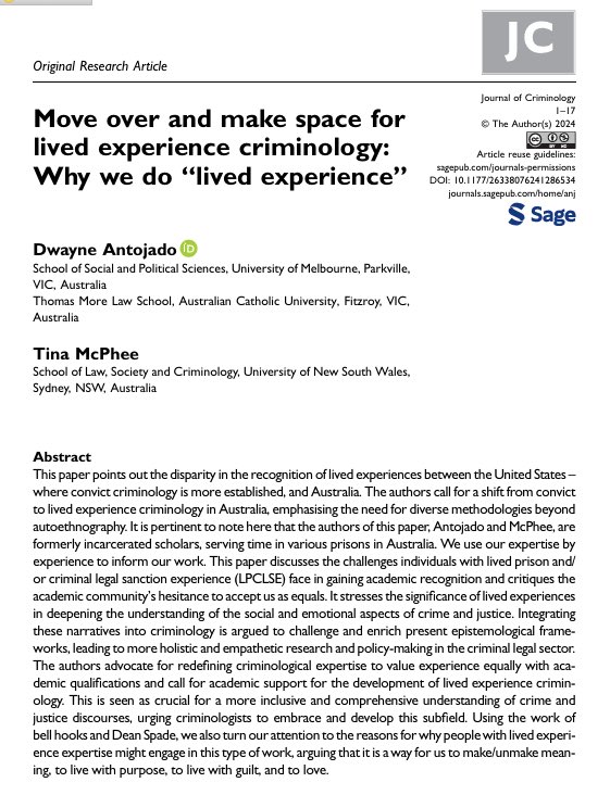 The wonderful Tina McPhee and I published a paper 🥳 We use the work of Dean Spade and bell hooks to intimate why people with lived experience go on to use their expertise in criminology/ criminal justice.

Read the paper here: journals.sagepub.com/doi/10.1177/26…