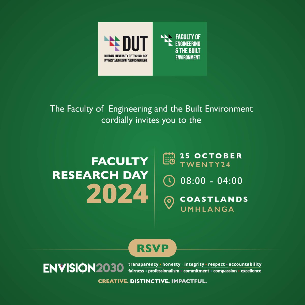 DUT_EBE's tweet photo. The Faculty of Engineering and the Built Environment is pleased to extend a cordial invitation to our upcoming Research Day and Faculty Awards ceremony.
Date: 25 October 2024
Time: 8am- 5pm
Venue: Coastlands Umhlanga
RSVP: https://t.co/GkAfPBEZxg
#dutfebe #thefutureliveshere https://t.co/rce4oZGHAL