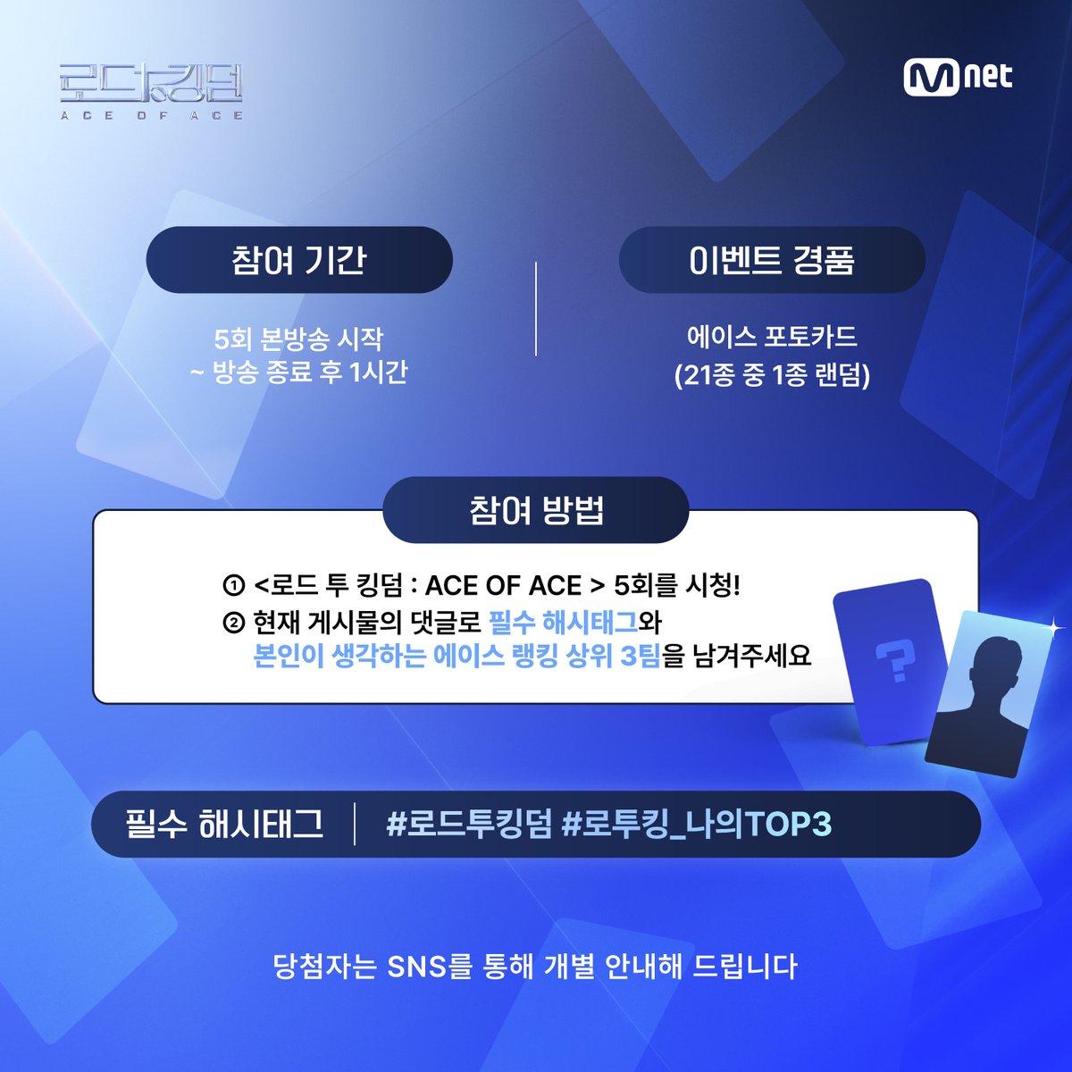 MnetKR's tweet photo. [#로드투킹덤_A/EVENT] 내가 생각하는 2차전 에이스 랭킹 상위권 3팀은?👀✨

상위권이 되기 위한 치열한 경쟁이 이어지고 있는 2차전 <IDENTITY> 미션!
오늘 밤, 9시 30분부터 본방송을 시청하며,
여러분이 생각하는 "나만의 에이스 랭킹 상위 3팀"을 공유해주세요!

추첨을 통해 에이스 포토카드를 드립니다!

📌참여방법
1) <로드 투 킹덤 : ACE OF ACE > 5회를 시청!
2) 현재 게시물의 댓글로 ①필수 해시태그와 본인이 생각하는 ②에이스 랭킹 상위 3팀을 남겨주세요!
⚡️필수 해시태그 : #로드투킹덤 #로투킹_나의TOP3
📌리워드 : 에이스 포토카드 (21종 �� 1종 랜덤)
📌참여기간 : 5회 본방송 시작 ~ 방송 종료 후 1시간
📌당첨자 발표 : SNS를 통해 개별 안내

Watch <ROAD TO KINGDOM : ACE OF ACE> EP.05 and Share your TOP3 ACE Teams!

📌Event Period : Start of EP.05 ~ 1 hour after the end of the show
📌Event Prize : ACE Photocard (Random 1 out of 21)
📌How to participate
　① Watch <ROAD TO KINGDOM : ACE OF ACE> EP.05 on time
　② Leave the comment on this post with necessary hashtags & your TOP3 ACE teams
⚡️Hashtag : #ROADTOKINGDOM #RTK_MyTOP3
📌Announcement : Individually through SNS

다채로운 매력과 무한한 가능성으로
팀 대표 ‘ACE’가 이끄는 ‘ACE 팀’ 탄생기!

K-POP 최정상 ‘ACE 팀’을 향한
라이징 보이그룹들의 피 튀기는 퍼포먼스 전쟁이 시작된다!

<로드 투 킹덤 : ACE OF ACE>
ROAD TO KINGDOM : ACE OF ACE
매주 목요일 밤 9시 30분 본방송

#ROADTOKINGDOM #로드투킹덤 #로투킹 #ROADTOKINGDOM_A #로드투킹덤_A #로투킹_A #태민 #TAEMIN #더뉴식스 #THENEWSIX #더크루원 #TheCrewOne #에잇턴 #8TURN #원어스 #ONEUS #유나이트 #YOUNITE #크래비티 #CRAVITY #템페스트 #TEMPEST #Mnet #엠넷