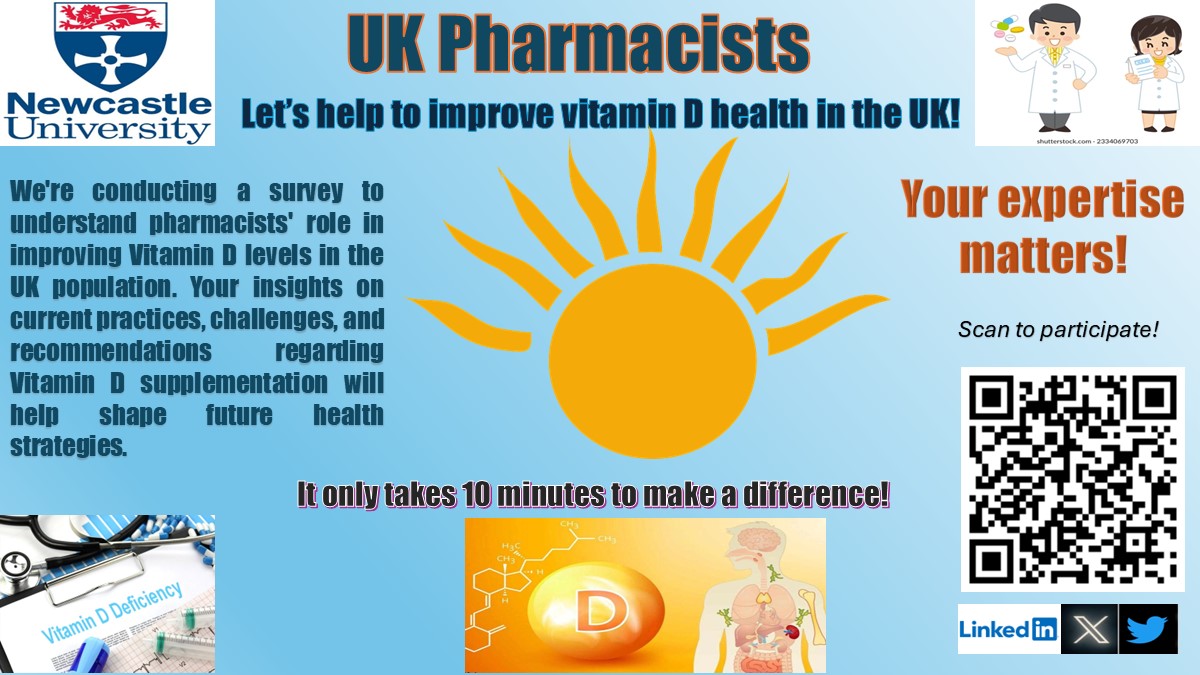 Zhamak.ED (@zhamak_ed) on Twitter photo 📢UK #pharmacist !Your expertise is key to tackling #vitaminD deficiency.🎯
Spend just 10 minutes on this survey to help improve #PublicHealth 🙏
Let's make a difference together.💪#ActNow
<a href="/NCL_Pharmacy/">Newcastle Pharmacy</a> <a href="/rpharms/">Royal Pharmaceutical Society</a> <a href="/ChemistDruggist/">Chemist+Druggist</a> <a href="/_CharlotteLucy_/">Charlotte L Richardson</a> <a href="/TheGPhC/">GPhC</a> <a href="/NPA1921/">National Pharmacy Association</a> <a href="/PharmaSupport/">Pharmacist Support</a> 📢UK #pharmacist !Your expertise is key to tackling #vitaminD deficiency.🎯
Spend just 10 minutes on this survey to help improve #PublicHealth 🙏
Let's make a difference together.💪#ActNow
<a href="/NCL_Pharmacy/">Newcastle Pharmacy</a> <a href="/rpharms/">Royal Pharmaceutical Society</a> <a href="/ChemistDruggist/">Chemist+Druggist</a> <a href="/_CharlotteLucy_/">Charlotte L Richardson</a> <a href="/TheGPhC/">GPhC</a> <a href="/NPA1921/">National Pharmacy Association</a> <a href="/PharmaSupport/">Pharmacist Support</a>