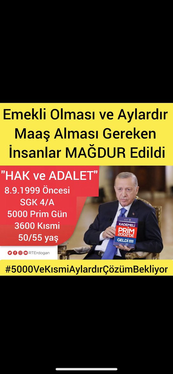 🇹🇷 8.9.99 ÖNCESİ
🔸5000 Gün
🔸3600 Kısmi Emeklilik 50/55 yaş
ANAYASAL HAK
Acil İade Edilsin,153
 <a href="/TBMMGenelKurulu/">TBMM Genel Kurulu</a>
<a href="/RTErdogan/">Recep Tayyip Erdoğan</a>
<a href="/isikhanvedat/">Prof. Dr. Vedat Işıkhan</a>
<a href="/eczozgurozel/">Özgür Özel</a>
#5000KısmiyiGörünDuyunÇözün