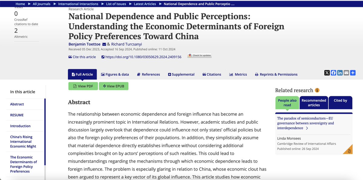 CEIAS: Central European Institute of Asian Studies (@ceias_eu) on Twitter photo NEW PAPER!
Using unique public opinion data from 54 countries, <a href="/RQTurcsanyi/">Richard Turcsanyi</a> & Benjamin Toettoe show how economic dependence shapes the foreign policy preferences of the public worldwide and, thereby, constitutes a factor of ๐จ๐ณโs international influence.
tandfonline.com/eprint/FXCD2YZโฆ NEW PAPER!
Using unique public opinion data from 54 countries, <a href="/RQTurcsanyi/">Richard Turcsanyi</a> & Benjamin Toettoe show how economic dependence shapes the foreign policy preferences of the public worldwide and, thereby, constitutes a factor of ๐จ๐ณโs international influence.
tandfonline.com/eprint/FXCD2YZโฆ