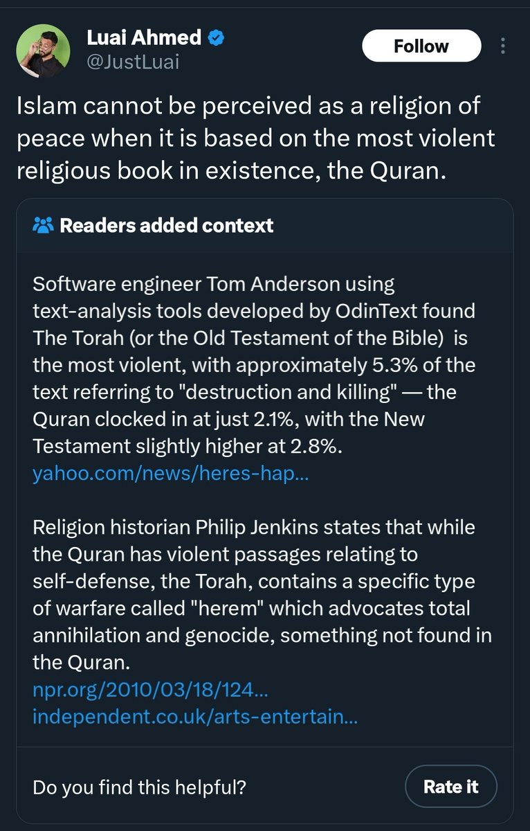freemonotheist's tweet photo. Is the Qur'an the most violent religious book in existence?