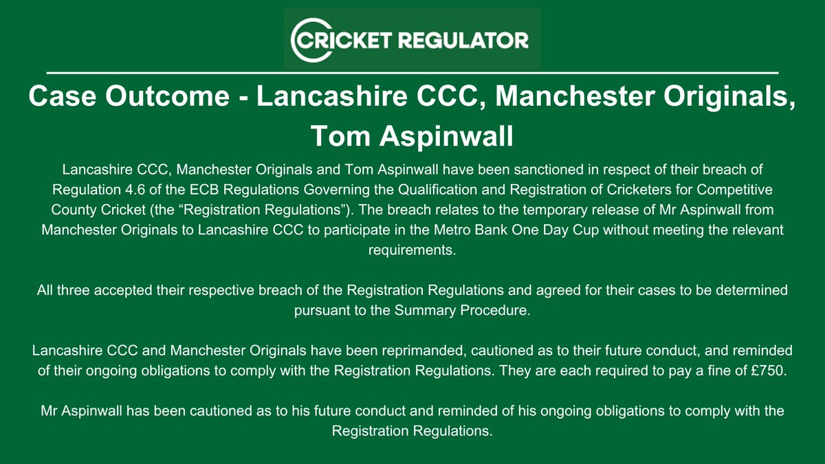 Case outcome: Lancashire CCC, Manchester Originals, Tom Aspinwall

cricketregulator.co.uk/news/4149949/c…