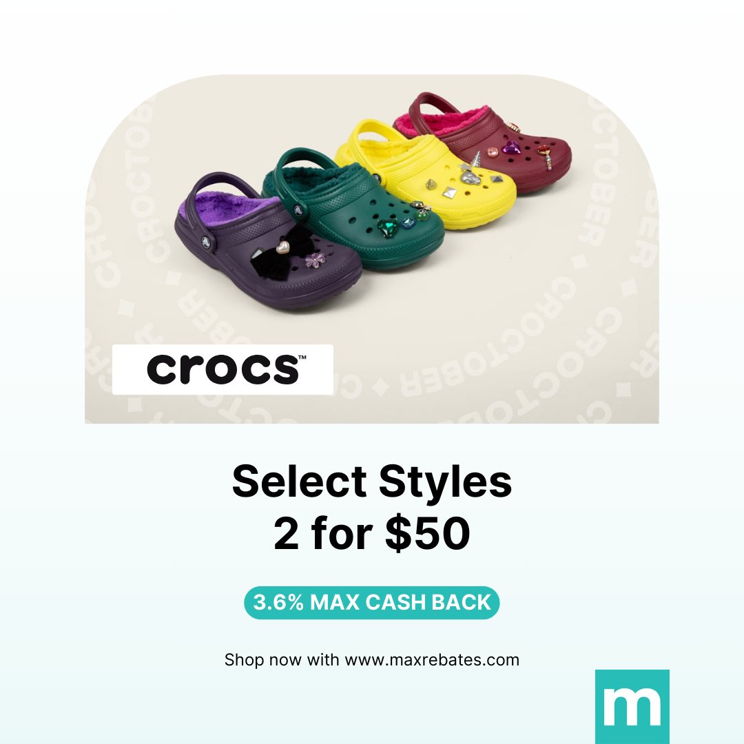 Max_Rebates's tweet image. 🚶‍♂️Looking to step up your footwear game? @Crocs has the perfect deal for you: snag select styles, 2 for just $50! 👟

Score an extra 3.6% Max Cash Back with #MaxRebates! Shop now: maxrebates.com/deals/1143765/ 

#Crocs #CrocsStyle #FootwearDeals #CashBack