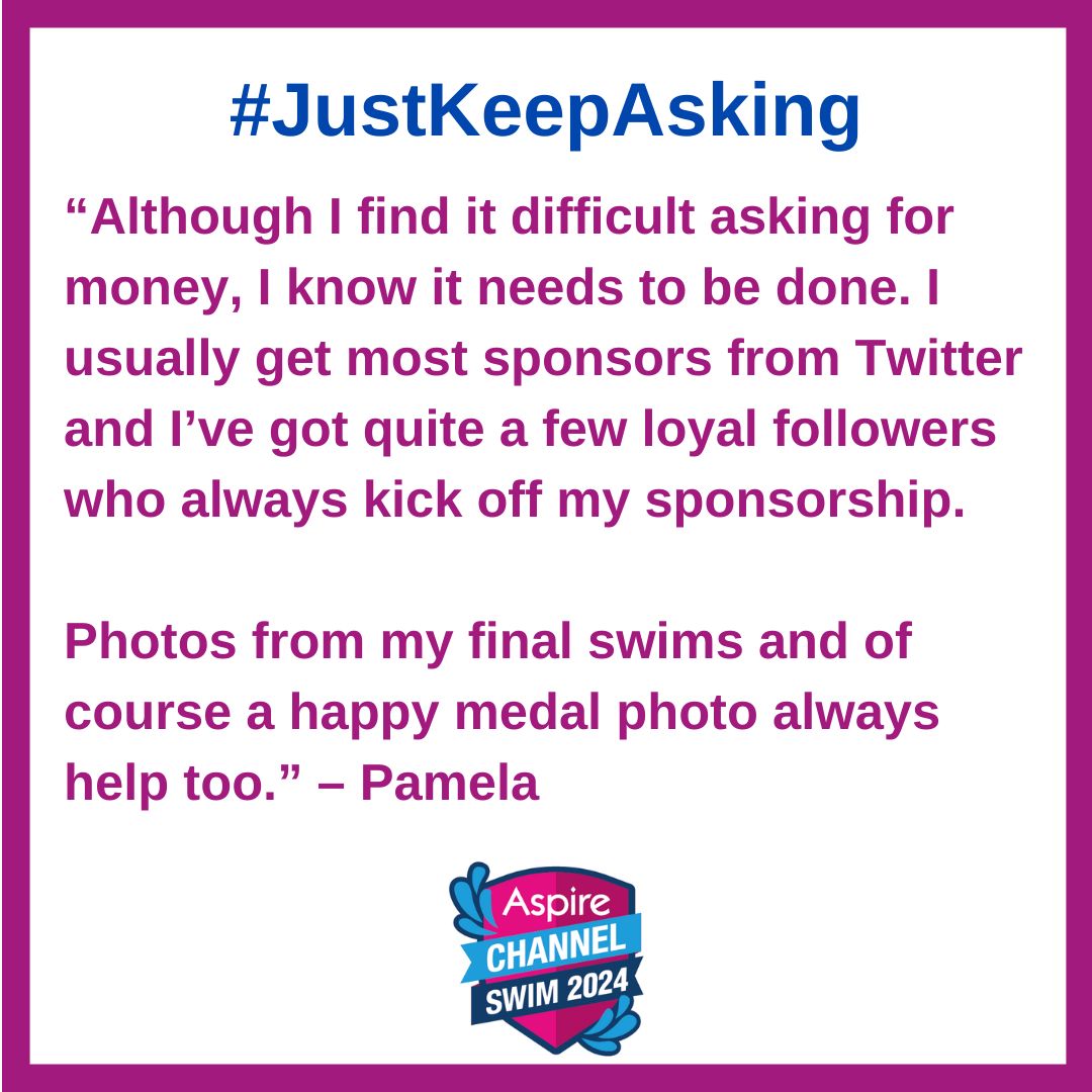 AspChannelSwim's tweet image. Another top tip for getting sponsors is to keep sharing how you are doing with your #AspireChannelSwim on social media  #FundraisingFriday #JustKeepAsking
