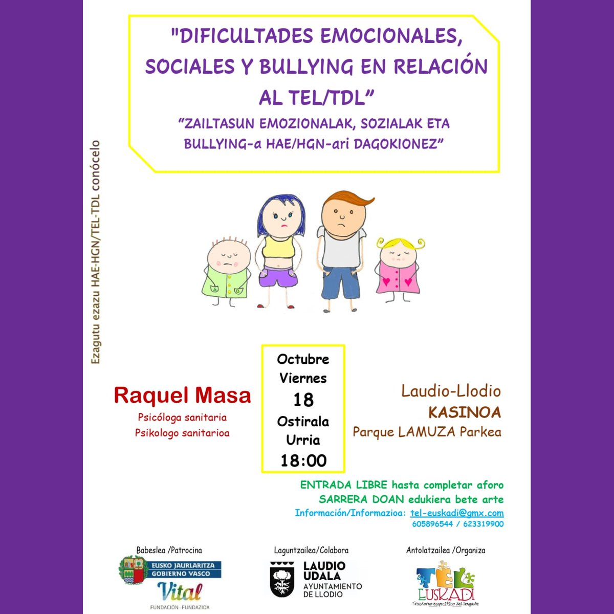 iniciativaomnia's tweet photo. "Dificultades emocionales, sociales y bullying en relación al  TEL/TDL".
"Zailtasun emozionalak sozialak eta bullying-a HAE/HGN-ari dagokionez".

Entrada libre hasta completar aforo.
Sarrera doan edukiera bete arte. https://t.co/FwC2Z6rZbq