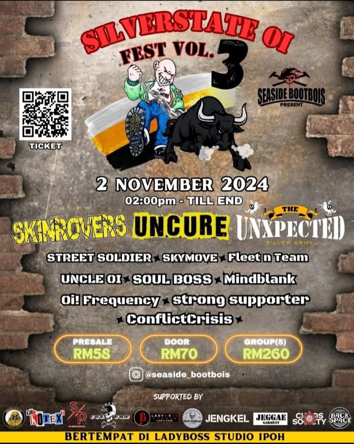 1 Nov - Dirty Ass (Garage Punk from Tangerang) tour at Ruas Store, Penang
2 Nov - Silverstate Oi Fest Vol.3 at Ladyboss Studio, Ipoh

Lets go !!!
