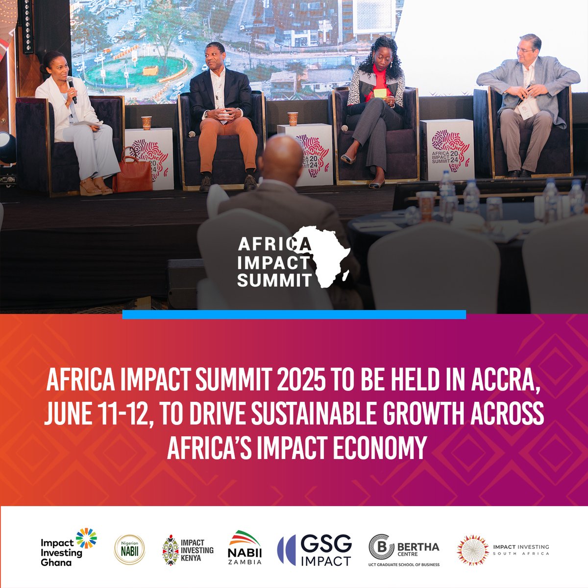 GSGImpact's tweet photo. Save the date! 📆 The 3rd edition of #AfricaImpactSummit2025 will take place in Accra, #Ghana on June 11-12, 2025, hosted by @ImpactInvestingGhana &amp; @IIFNigeria  together with GSG National Partners and Taskforces of the Africa #ImpactInvesting Group (AIIG). (1/2)⬇️ https://t.co/fffESprZSw