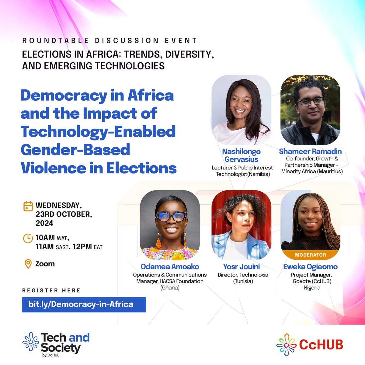 Explore how tech is transforming elections &amp; its impact on women &amp; minority participation in elections. 

Join us for the "Democracy in Africa and the Impact of Technology-Enabled Gender-Based Violence in Elections" roundtable discussion.