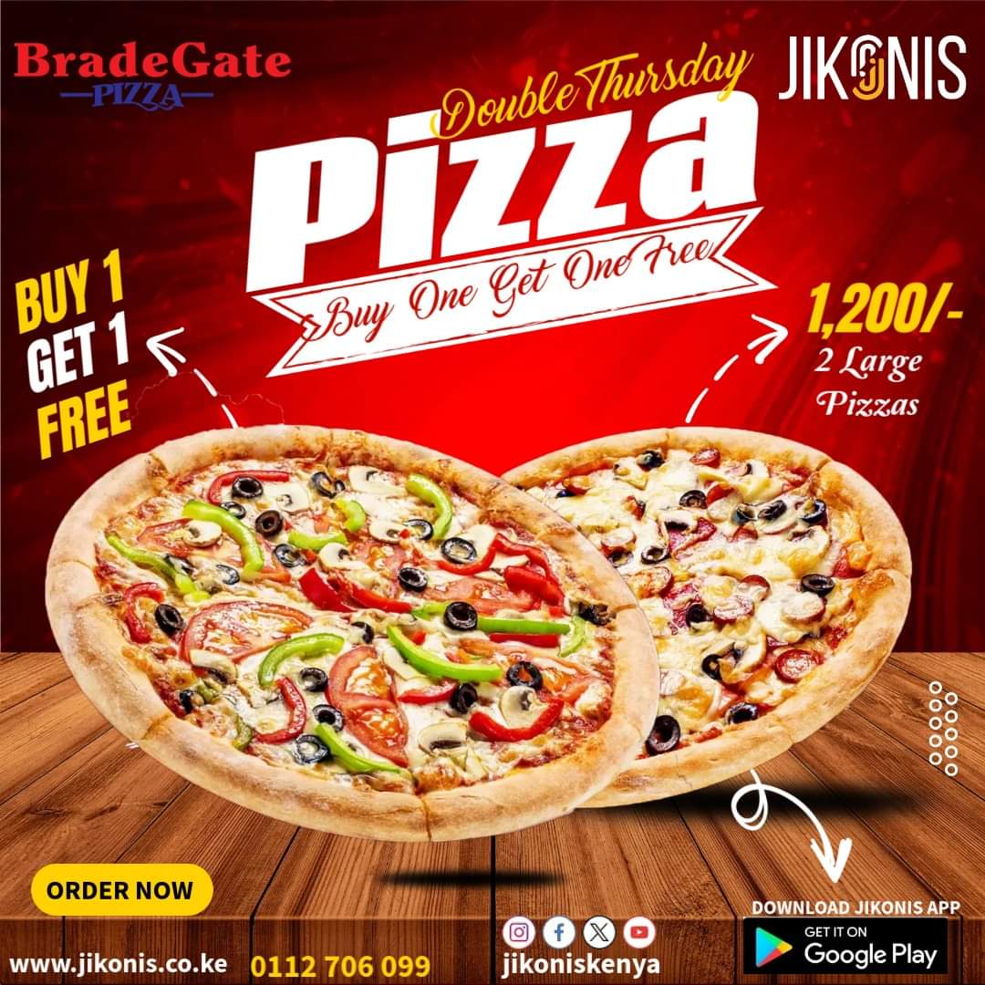JikonisKenya's tweet photo. It's a Double Thursday from Bradegate on Jikonis App. Order any large classic pizza at Kes. 1,200 and get another free. We will deliver to your doorstep. Earn points and redeem them later.
https://t.co/nfnQaI1OzJ
#BOGOF
#DoubleThursday
#jikonis
#bradegate https://t.co/gBCrzNw8kD
